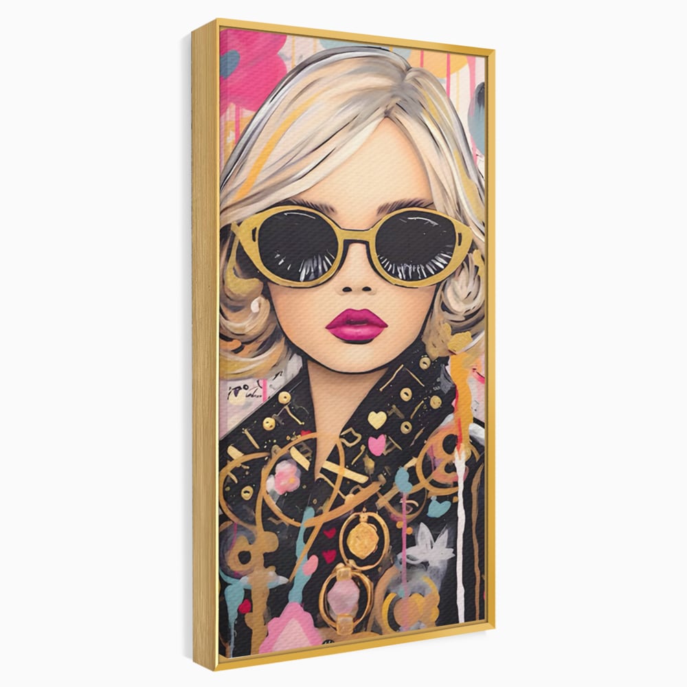 Tablou canvas cu tablou canvas cu portret de femeie, in rama de aluminiu auriu